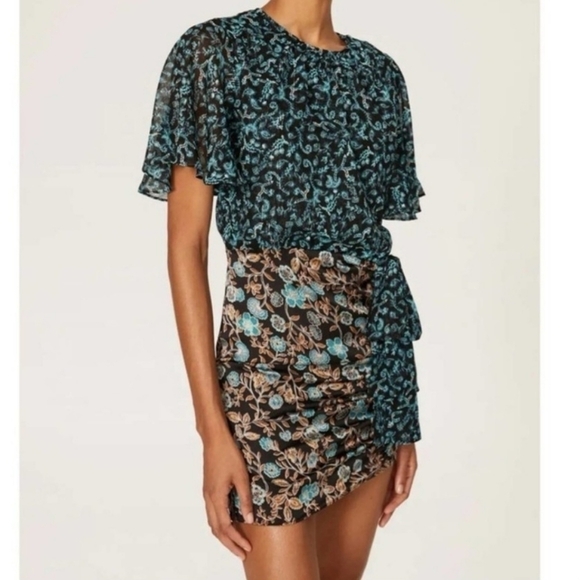 Misa Los Angeles Dresses & Skirts - Misa Los Angeles Talia Dress Black Teal Floral Women's Medium M Flutter Sleeves